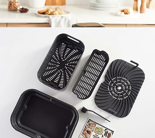 Air fryer accessories set including basket, tray, and brush on kitchen counter.