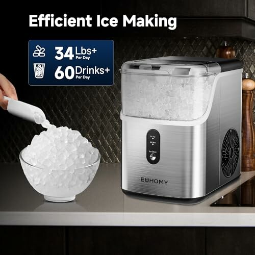 Compact ice maker on kitchen counter with bowl of ice.