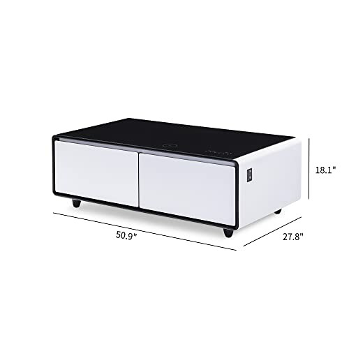 Modern white and black coffee table with dimensions.