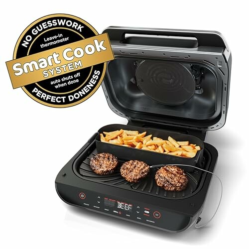 Indoor grill with burgers and fries featuring Smart Cook System